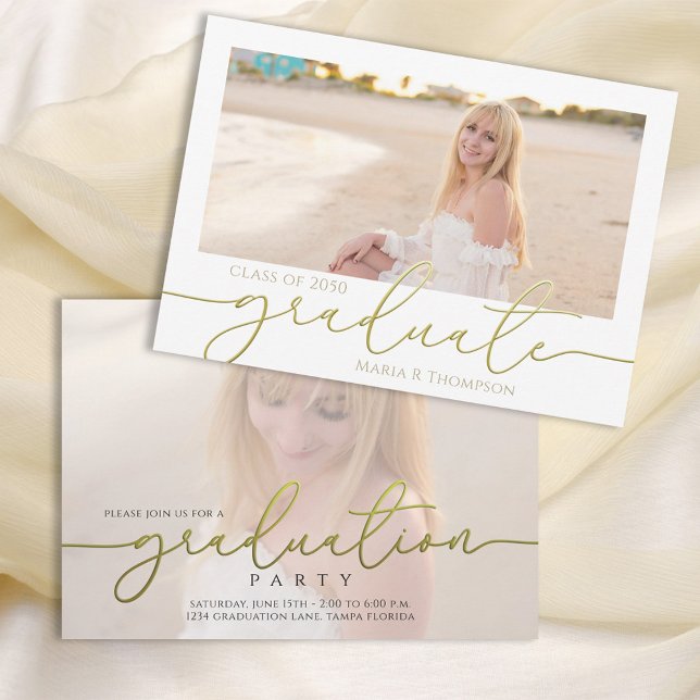 Gold Script Graduation Photo Custom  Invitation (Elegant gold script graduation invitation with custom photo and refined design.)