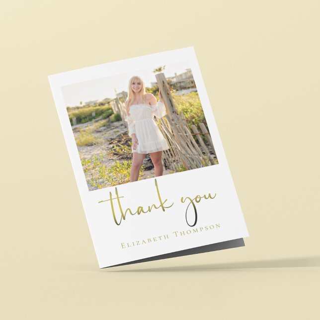 Gold Script Graduation Photo Custom Thank You Card (Minimalist thank you photo card vertical folding template. )