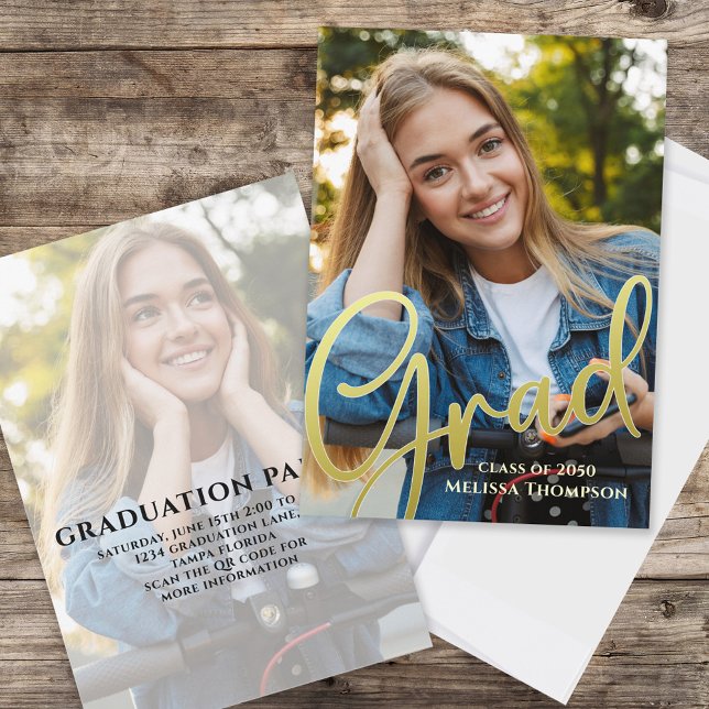 Gold Script Graduation Photo Invitation (Graduation photo invitation with gold calligraphy script and a 2-photo template. )