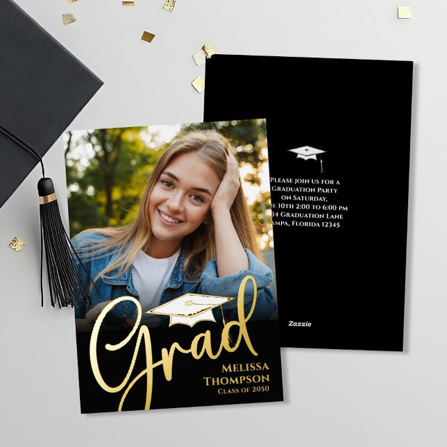 Gold Script Graduation Photo Invitation Classic Cl Foil Invitation (Gold foil photo graduation photo invitation announcement)