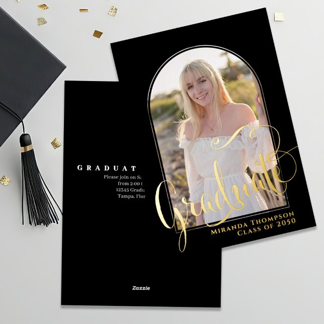 Gold Script Graduation Photo Invitation Modern Arc Foil Invitation (Gold foil graduation photo invitation announcement card.)