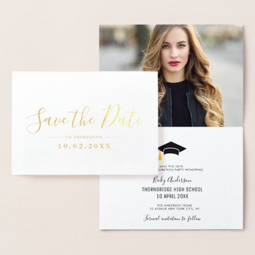 gold script graduation save the date photo foil card