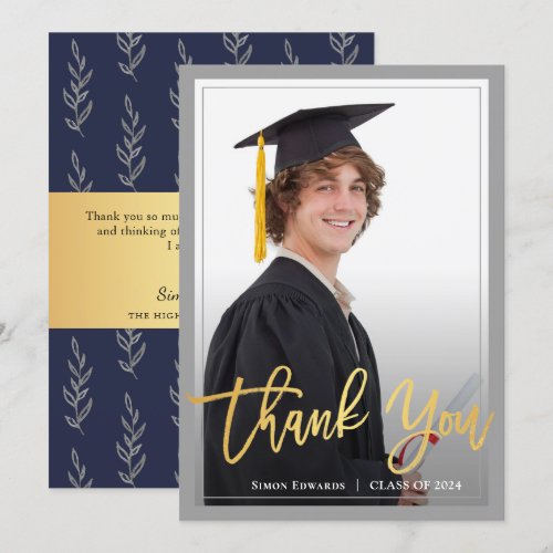 Gold Script Gray &amp; Blue Graduation Photo Thank You Announcement