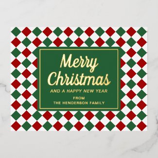 Gold Script Green Checks Pattern Merry Christmas