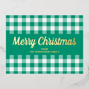 Gold Script Green Gingham Merry Christmas Foil Holiday Postcard