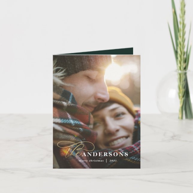 Gold script green plaid backer 1 photo Christmas Holiday Card (Front)