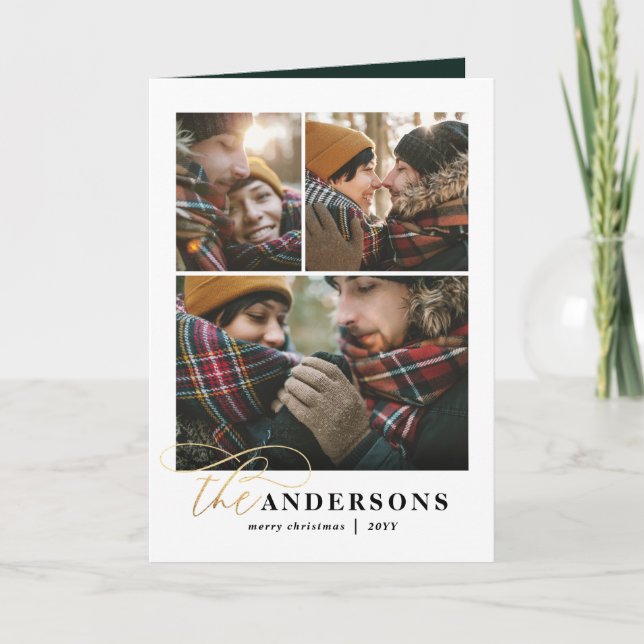 Gold script green plaid backer 1 photo Christmas Holiday Card (Front)