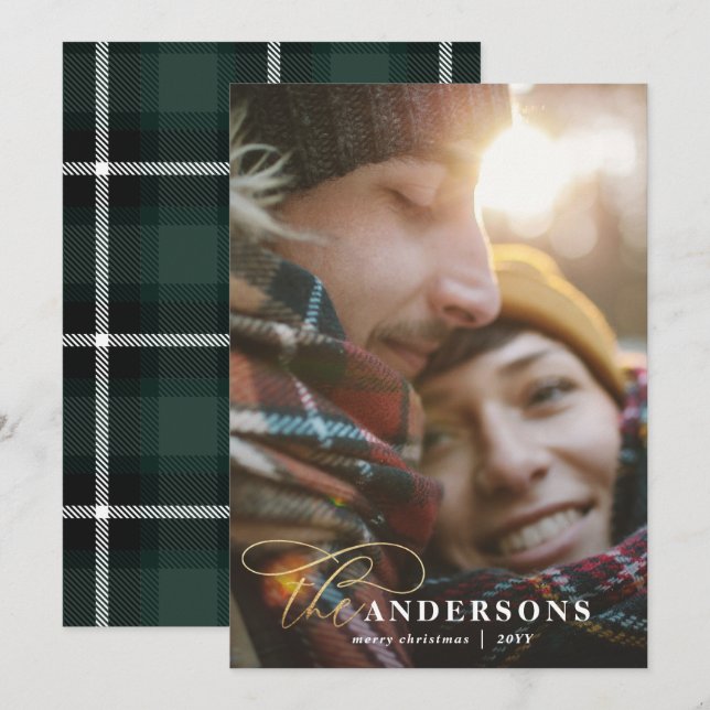 Gold script green plaid backer 1 photo Christmas Holiday Card (Front/Back)