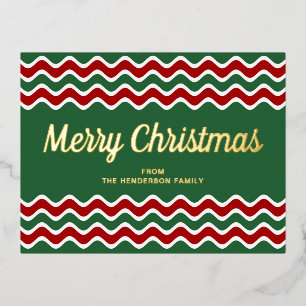 Gold Script Green Stripes Merry Christmas Foil Holiday Postcard