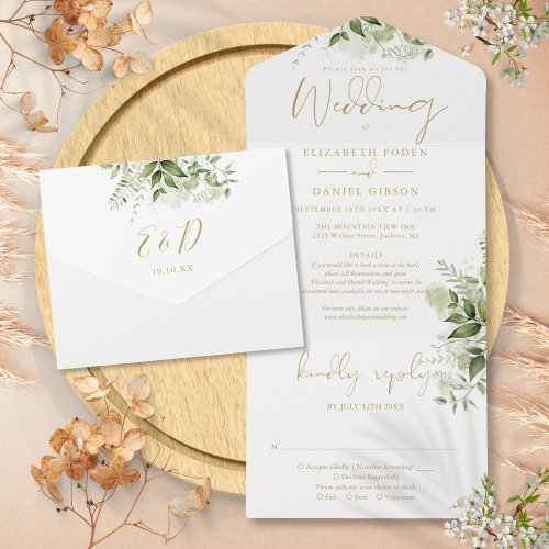 Gold Script Greenery Floral Details RSVP Wedding All In One Invitation