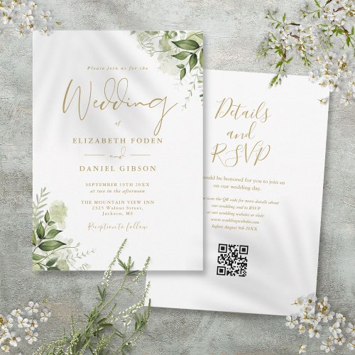 Gold Script Greenery Floral QR Code Wedding Invitation