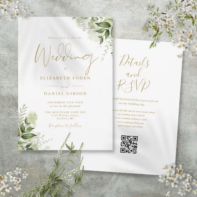 Gold Script Greenery Floral QR Code Wedding Invitation | Zazzle