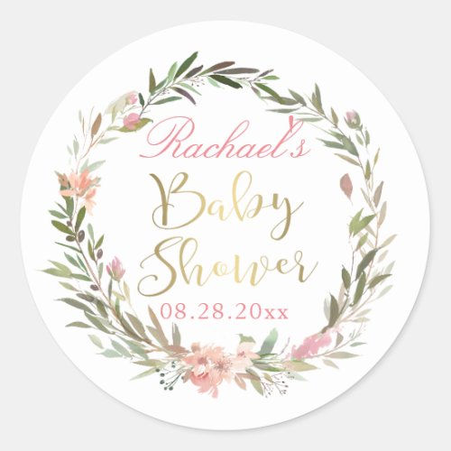 Gold Script Greenery Floral Wreath Baby Shower Classic Round Sticker