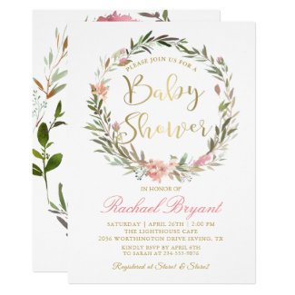 Gold Script Greenery Floral Wreath Baby Shower Invitation