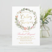 Gold Script Greenery Floral Wreath Baby Shower Invitation (Standing Front)