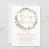 Gold Script Greenery Floral Wreath Baby Shower Invitation (Front)