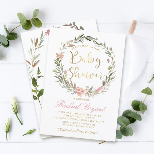 Gold Script Greenery Floral Wreath Baby Shower Invitation