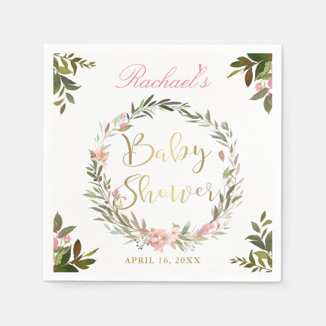 Gold Script Greenery Floral Wreath Baby Shower Napkins (Front)