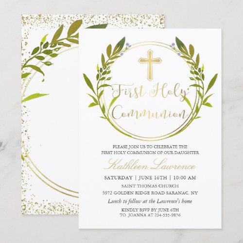 Gold Script Greenery Wreath First Holy Communion Invitation