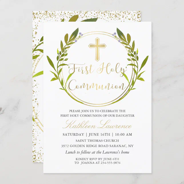 Gold Script Greenery Wreath First Holy Communion Invitation | Zazzle