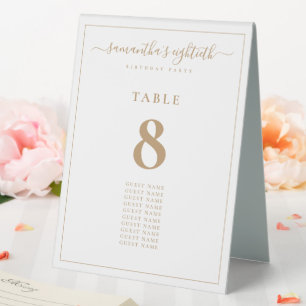 Gold Script Guest Names Birthday Table Number Tent