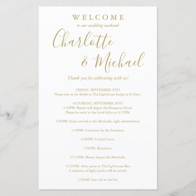 Gold Script Guest Wedding Weekend Program (Front)