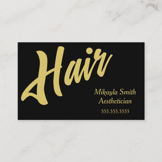 Gold Script Hair on Black Business Card (Front)