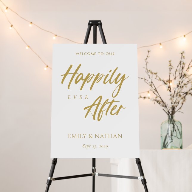 Gold Script Happily Ever After White Wedding Sign (In Situ (Stand))