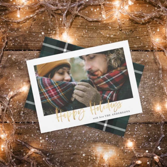 Gold script happy holidays green tartan photo holiday card (Creator Uploaded)