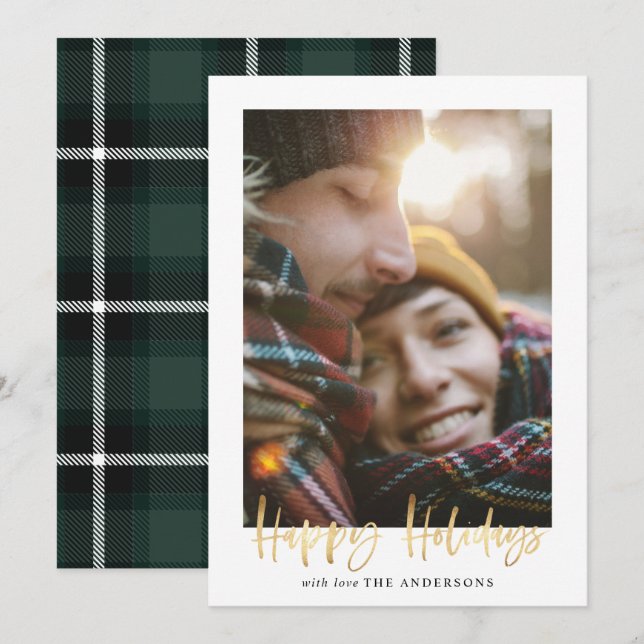 Gold script happy holidays green tartan photo holiday card (Front/Back)