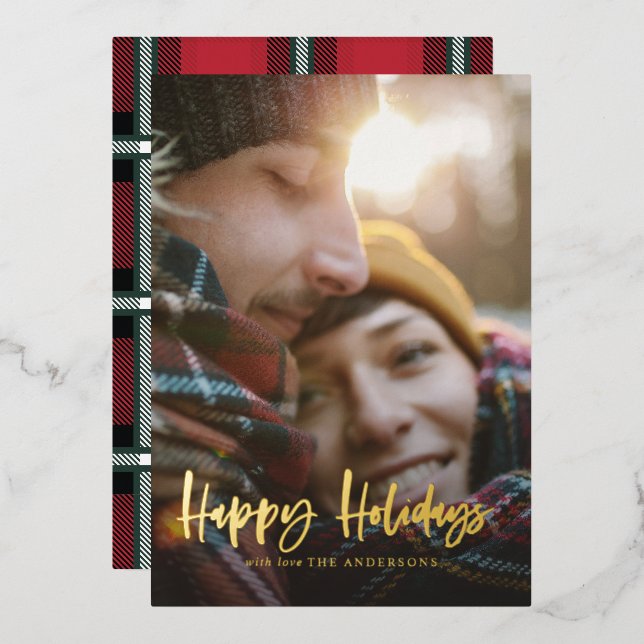 Gold script happy holidays red tartan photo foil holiday card (Front/Back)