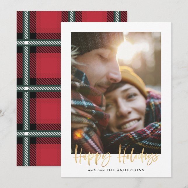 Gold script happy holidays red tartan photo holiday card (Front/Back)