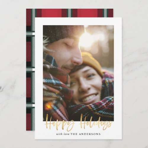 Gold script happy holidays red tartan photo holiday card