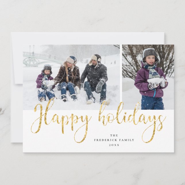 Gold Script Happy Holidays Tartan Photo Card (Front)
