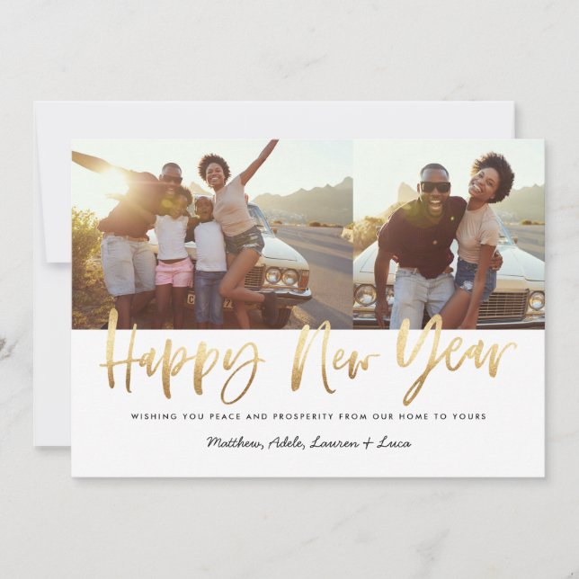 gold script happy new year multi photo new year holiday card (Front)