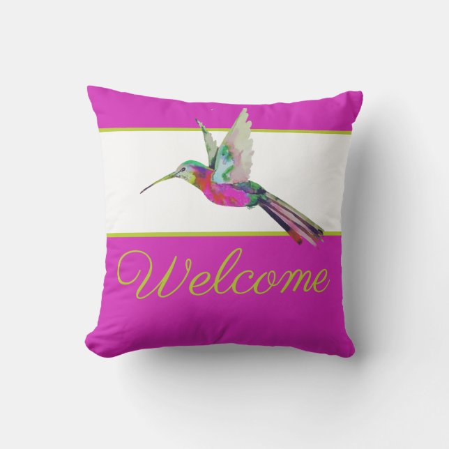  Gold  Script Hummingbird Watercolor Pink Welcome Outdoor Pillow (Front)