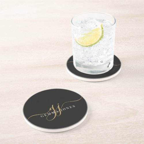 Gold Script Initials Monogram Minimalist Black Coaster