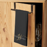 Gold Script Initials Monogram Minimalist Black Kitchen Towel<br><div class="desc">A chic modern stylish gold white monogram on black kitchen towel,  with a dramatic script initial with swashes and your full name in a modern serif type,  post it notes. Simple elegance.</div>