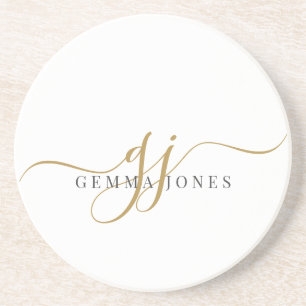 Gold Script Initials Monogram Minimalist White Coaster