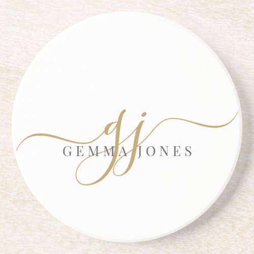 Gold Script Initials Monogram Minimalist White Coaster