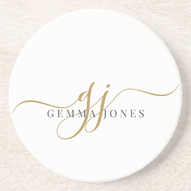 Gold Script Initials Monogram Minimalist White Coaster (Front)