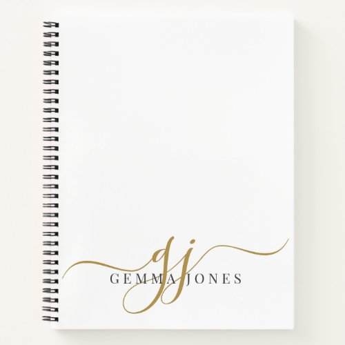 Gold Script Initials Monogram Minimalist White Notebook
