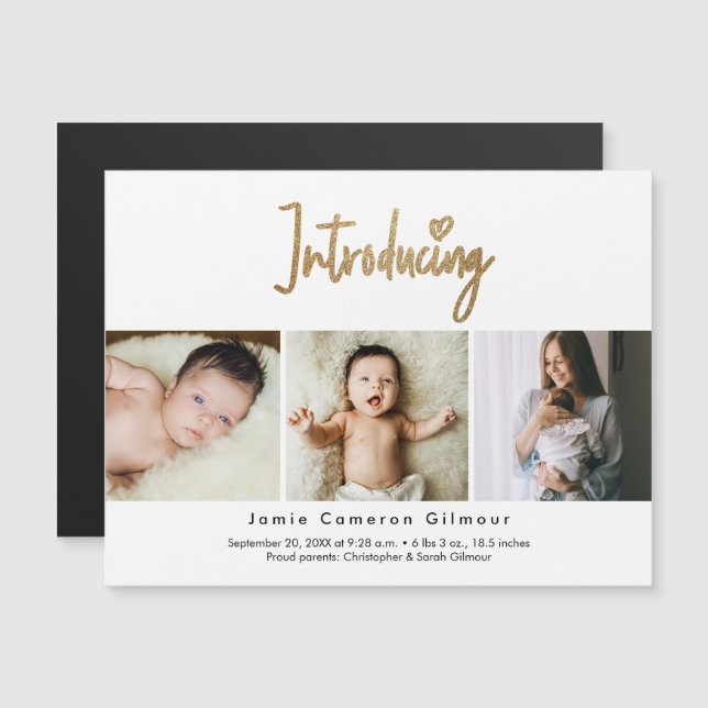 Gold Script Introducing Baby Custom 3 photo Magnetic Invitation (Front/Back)
