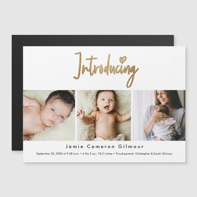 Gold Script Introducing Custom 3 photo Baby Magnetic Invitation (Front/Back)