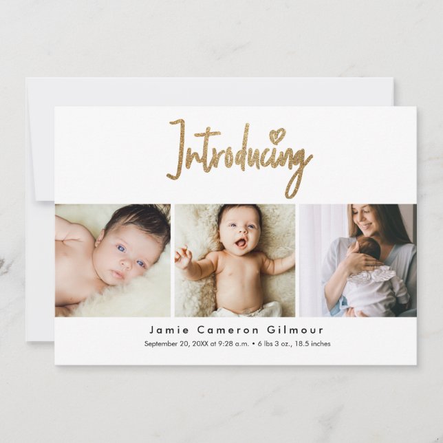 Gold Script Introducing Custom 3 photo Baby Thank You Card (Front)