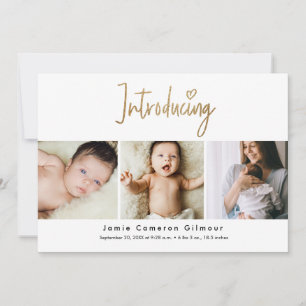 Gold Script Introducing Custom 3 photo Baby Thank You Card