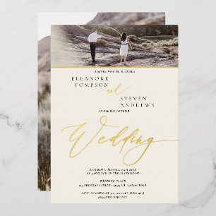gold script ivory 2 photos wedding foil invitation