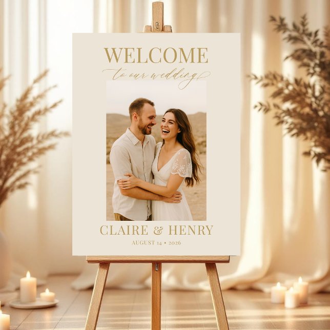 Gold Script Ivory Photo Wedding Welcome  Foam Board (Creator Uploaded)