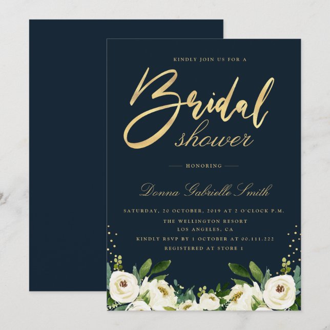 gold script ivory white floral navy bridal shower invitation (Front/Back)