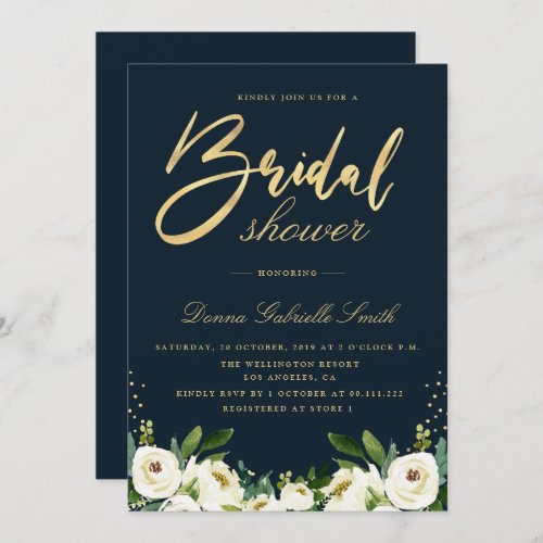 gold script ivory white floral navy bridal shower invitation